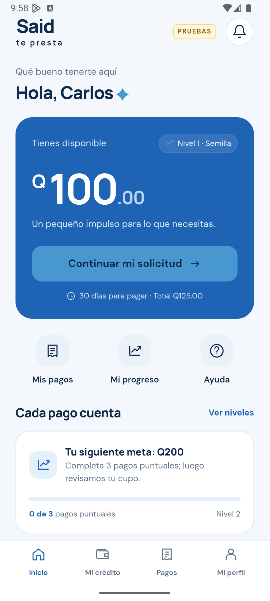 Pantalla de inicio de la app Said te presta con Q100 disponibles